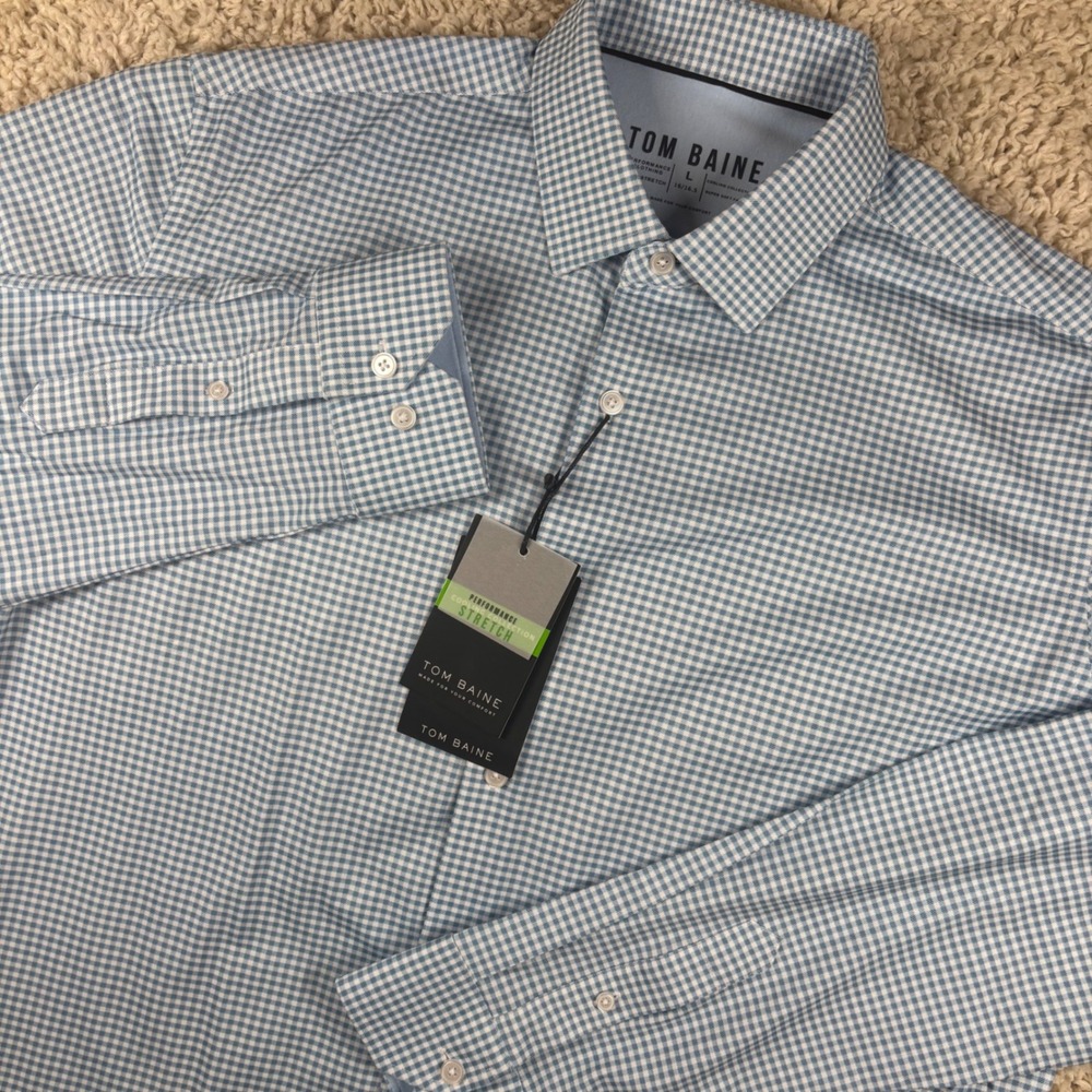 Tom Baine Performance Dress Shirt Mens Large L Blue Gingham Check Stretch NWT